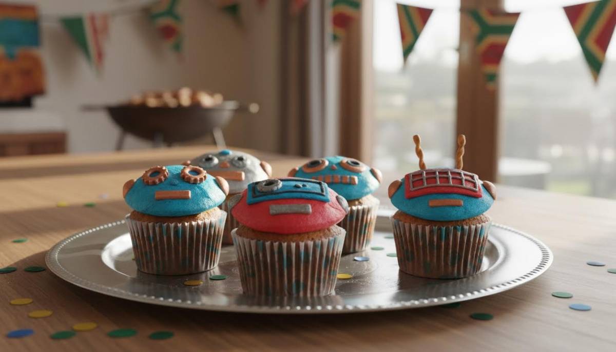 Robot cupcakes with blue neon toppers