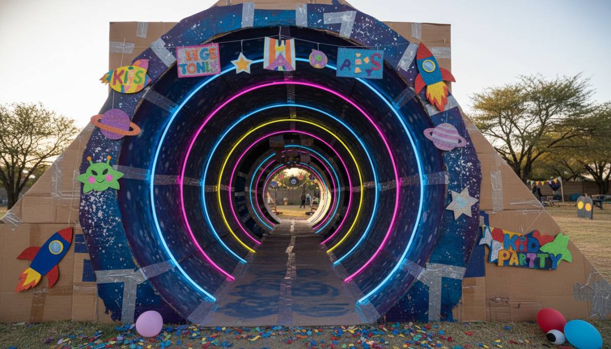Neon wormhole entrance for a time warp space birthday party