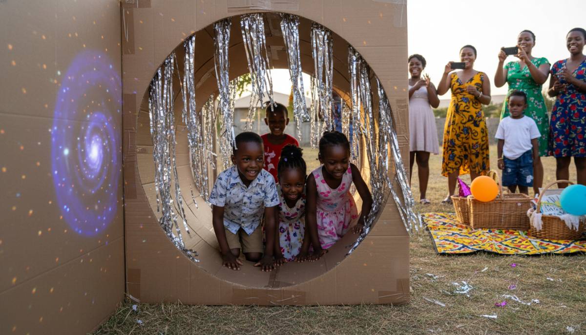 Children entering a homemade wormhole portal at a birthday party