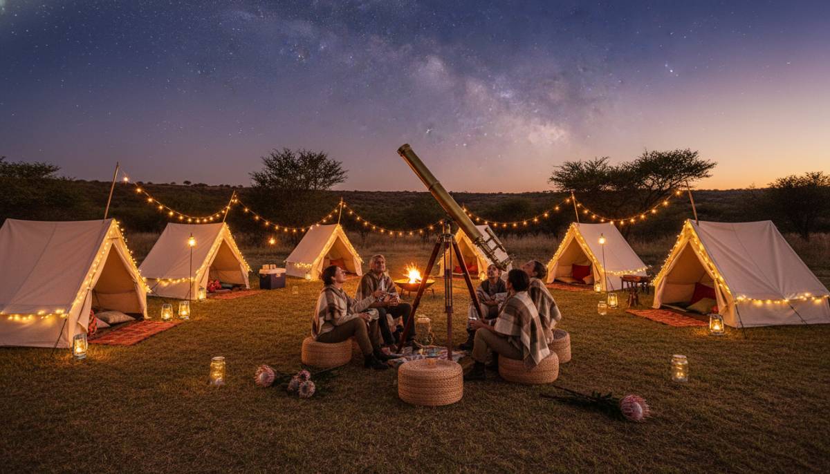 Backyard space explorer campout with tents and telescope