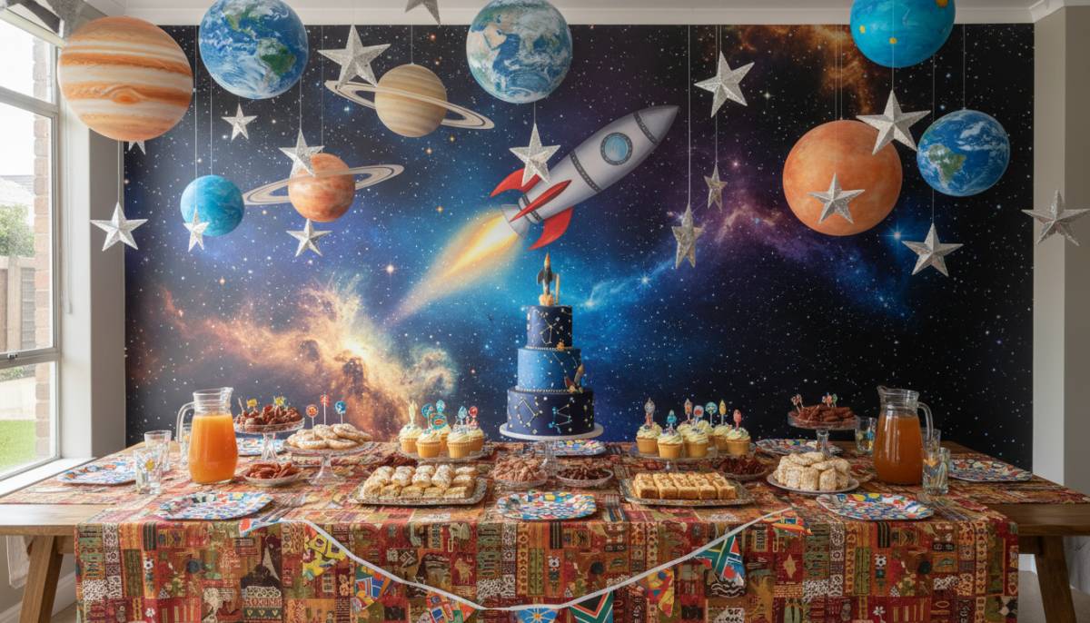 Cosmic birthday party room with rocket backdrop and balloon planets