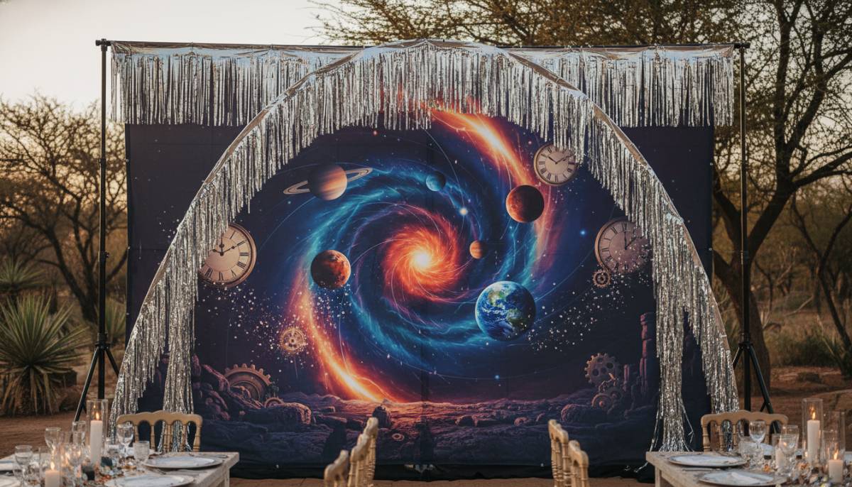 A space birthday setup with glowing time portals, planets, clocks and metallic party décor