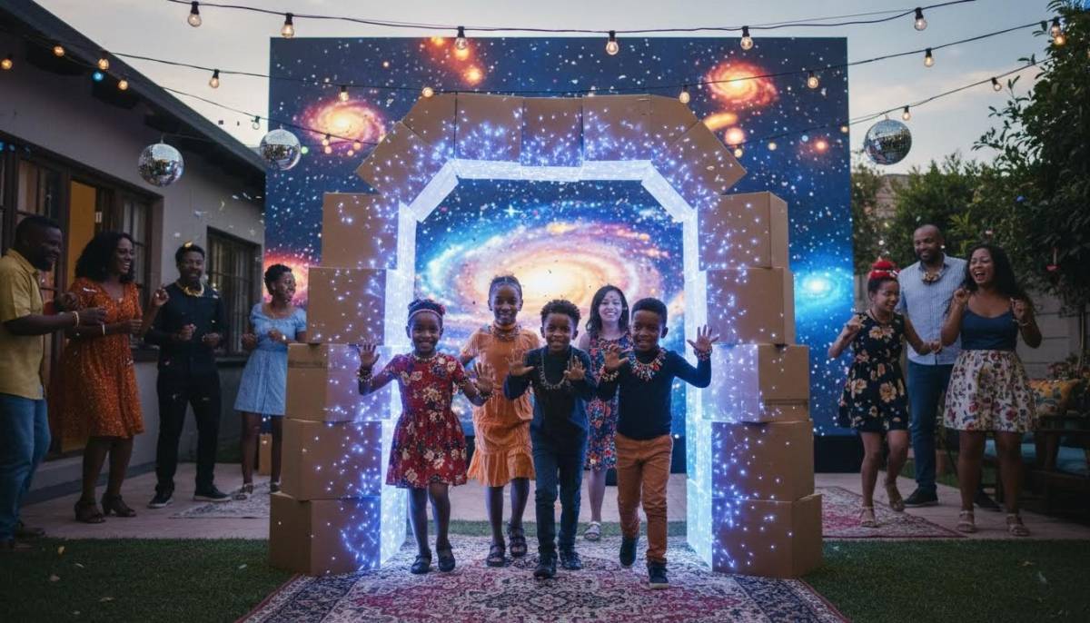 Children walking through a glowing cardboard time portal at a galaxy themed birthday party