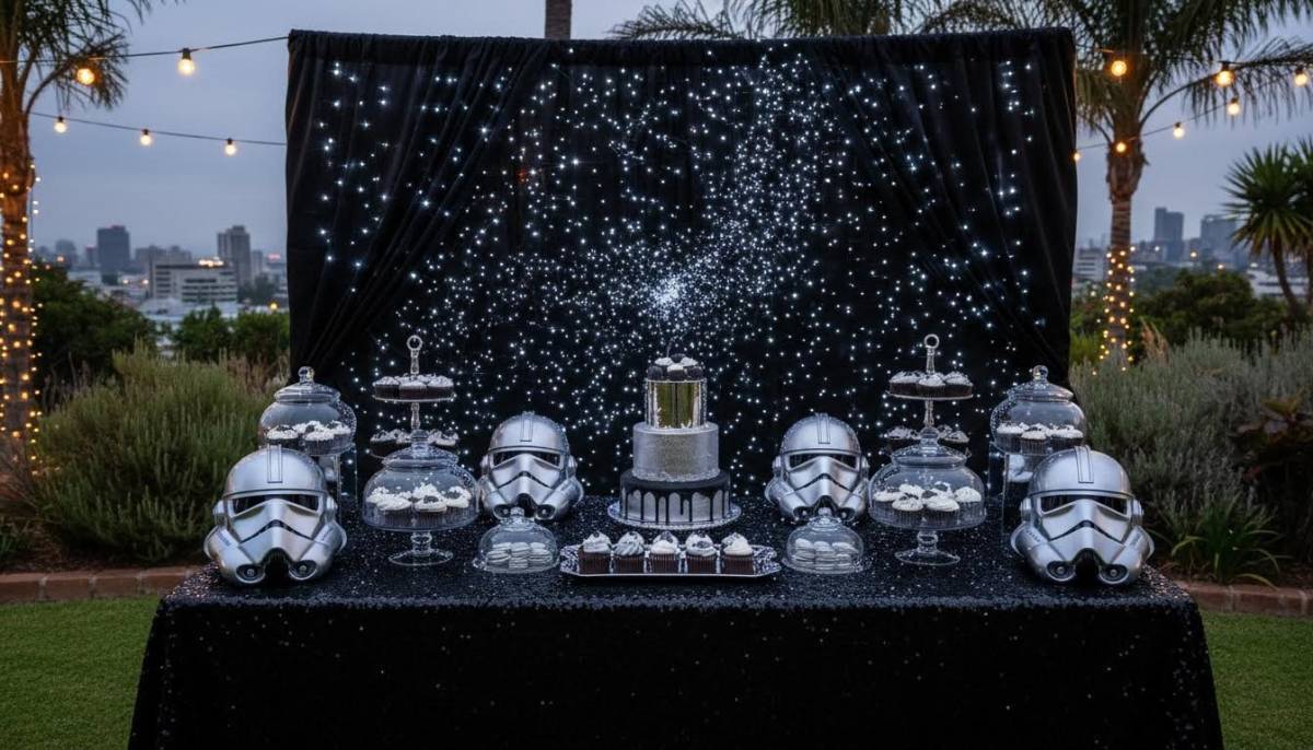 A black and silver empire dessert table with stars and space props