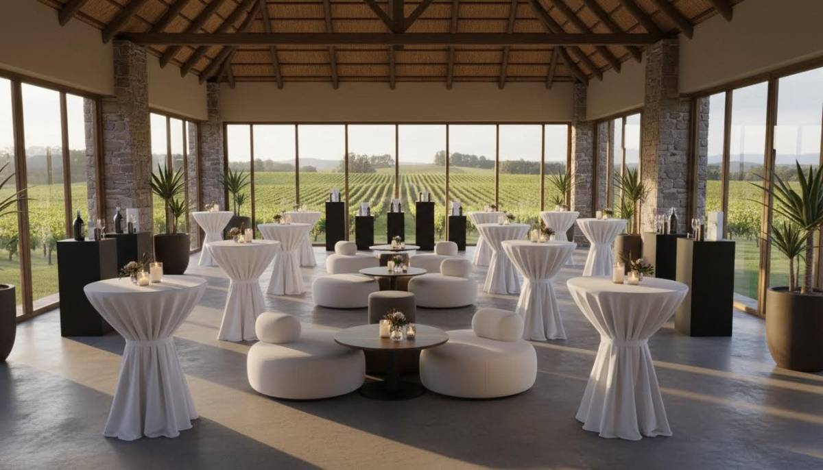 Launch venue layout with cocktail tables and lounge seating