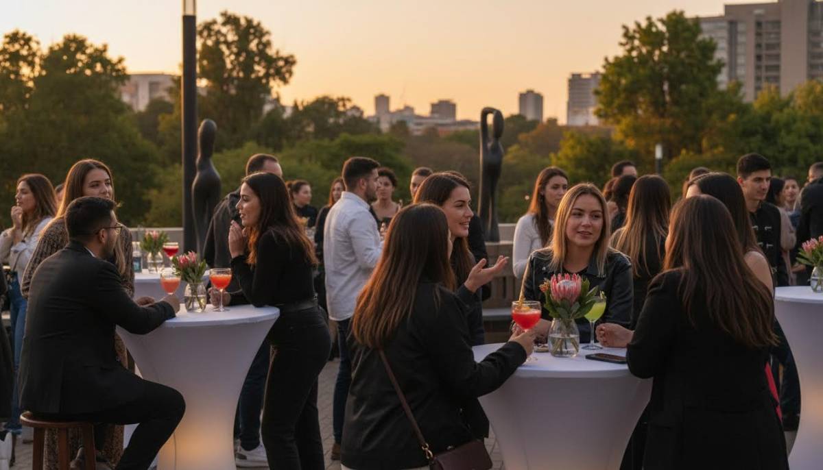 Guests mingling at a branded startup launch