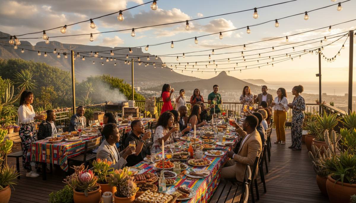 Outdoor party setup with string lights