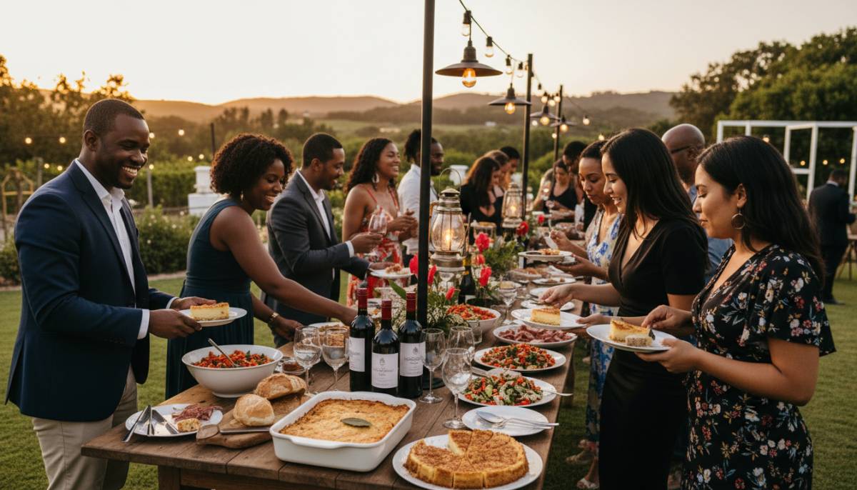 Traditional South African buffet with bobotie and milktart