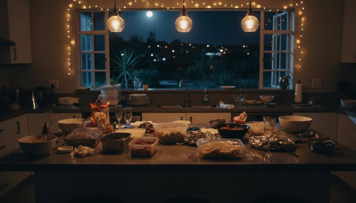 Kitchen after a moving party with leftovers packed