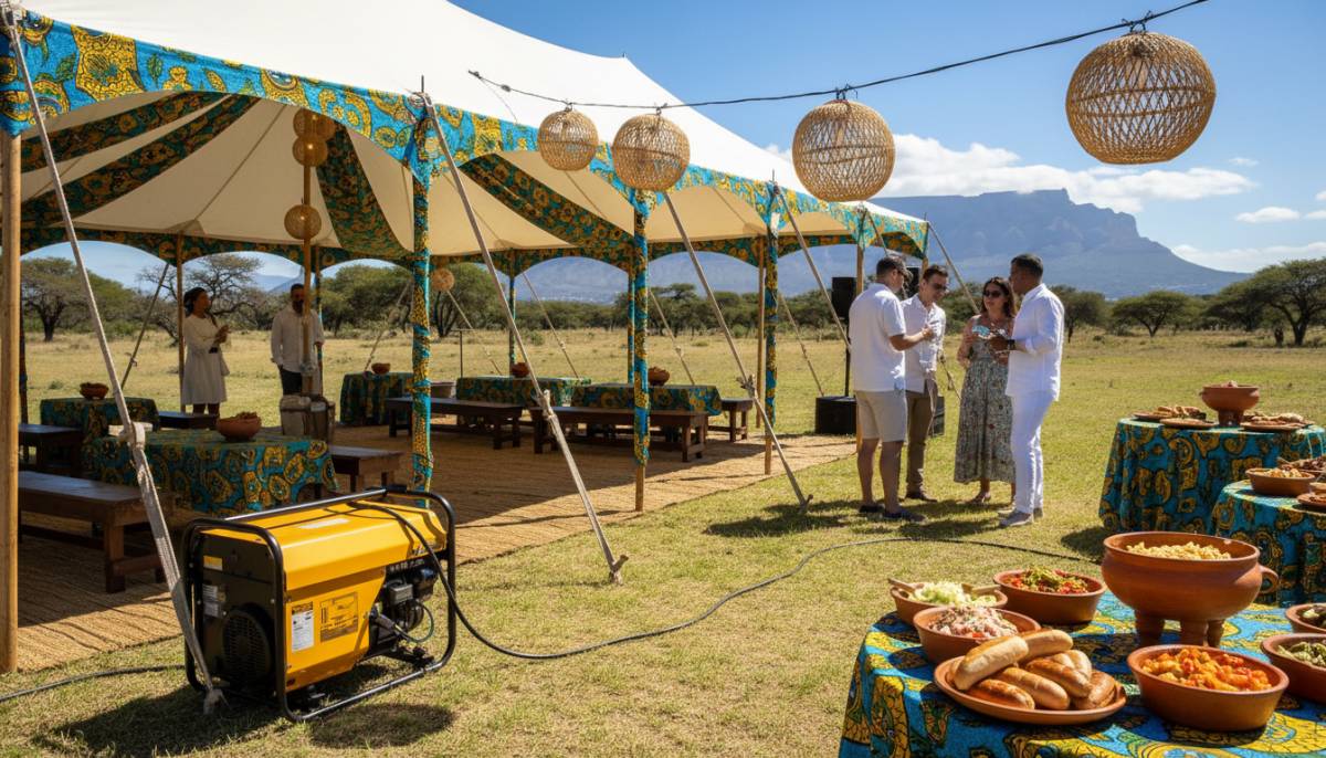 Party setup showing generator and festive tent.
