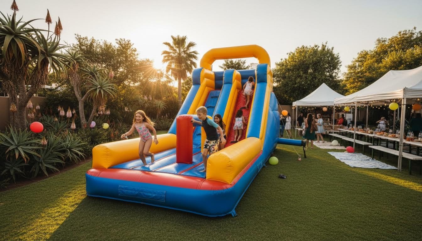 Tweens playing on an inflatable obstacle course at a garden party