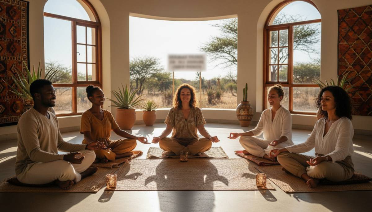 A diverse group of South Africans sharing a light moment before a meditation session.