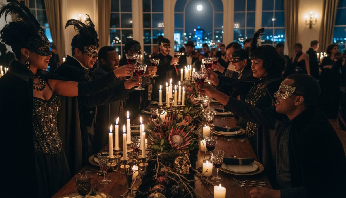 Guests toasting at a vampire ball dinner