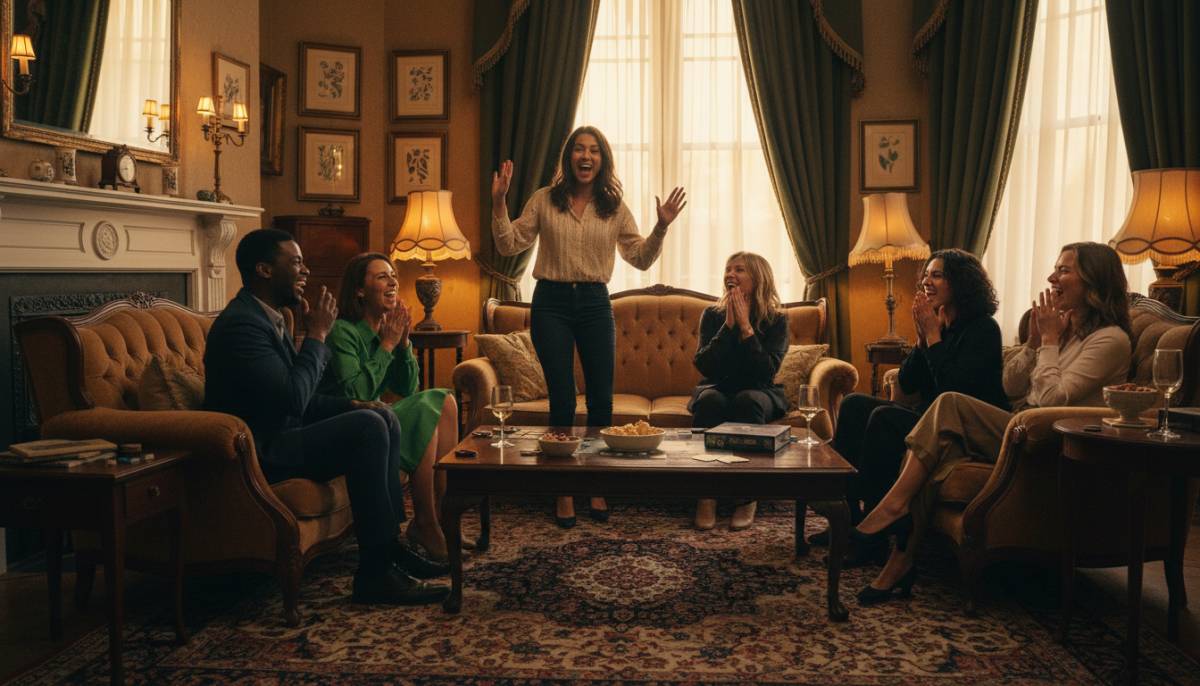 Friends playing charades in a cozy vintage room.