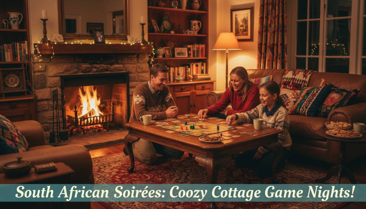 Family playing board games in a cozy cottage setting.