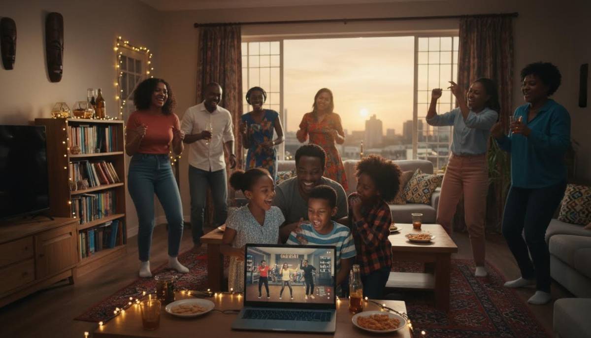 Family joining a virtual dance party from home