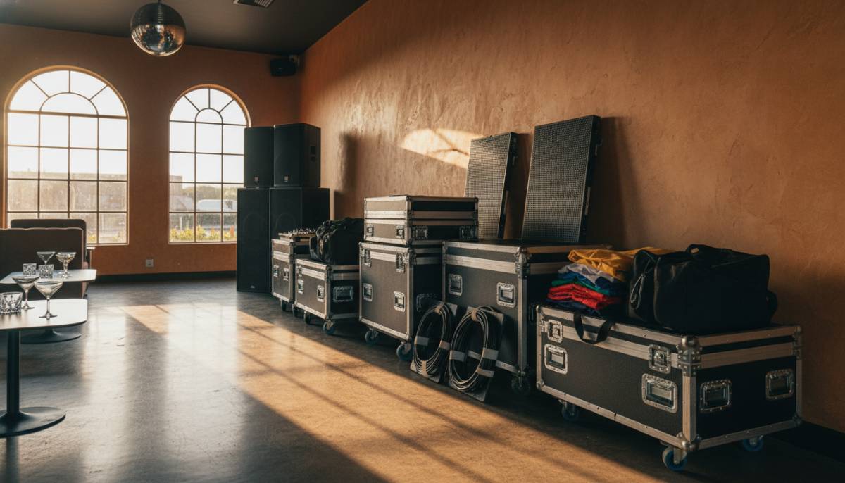 Packed equipment for a virtual dance party setup