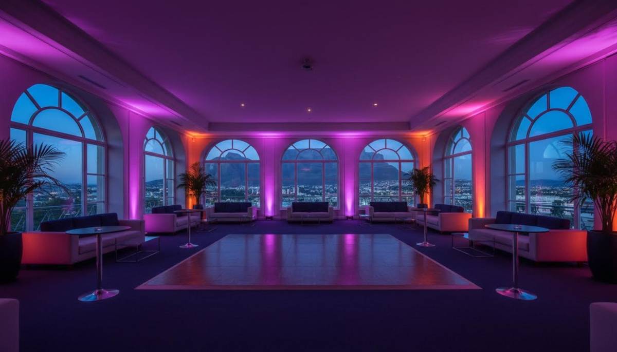 Empty clubhouse room prepared for a virtual dance party