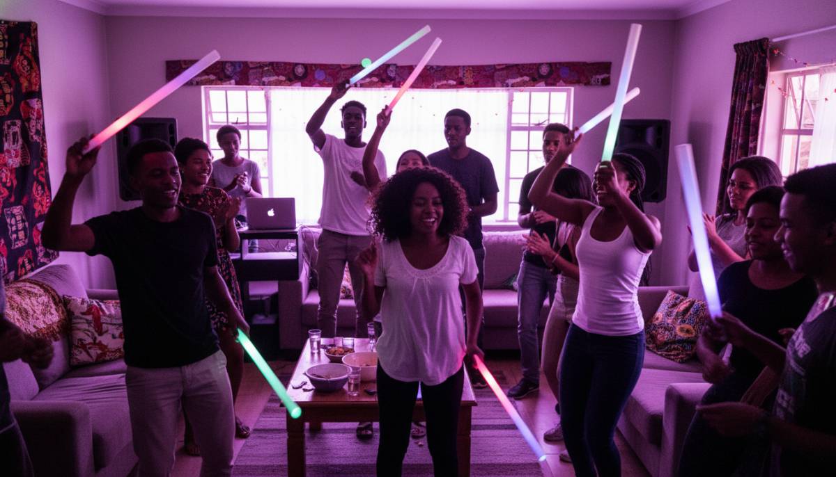 Guests dancing with glow sticks at home