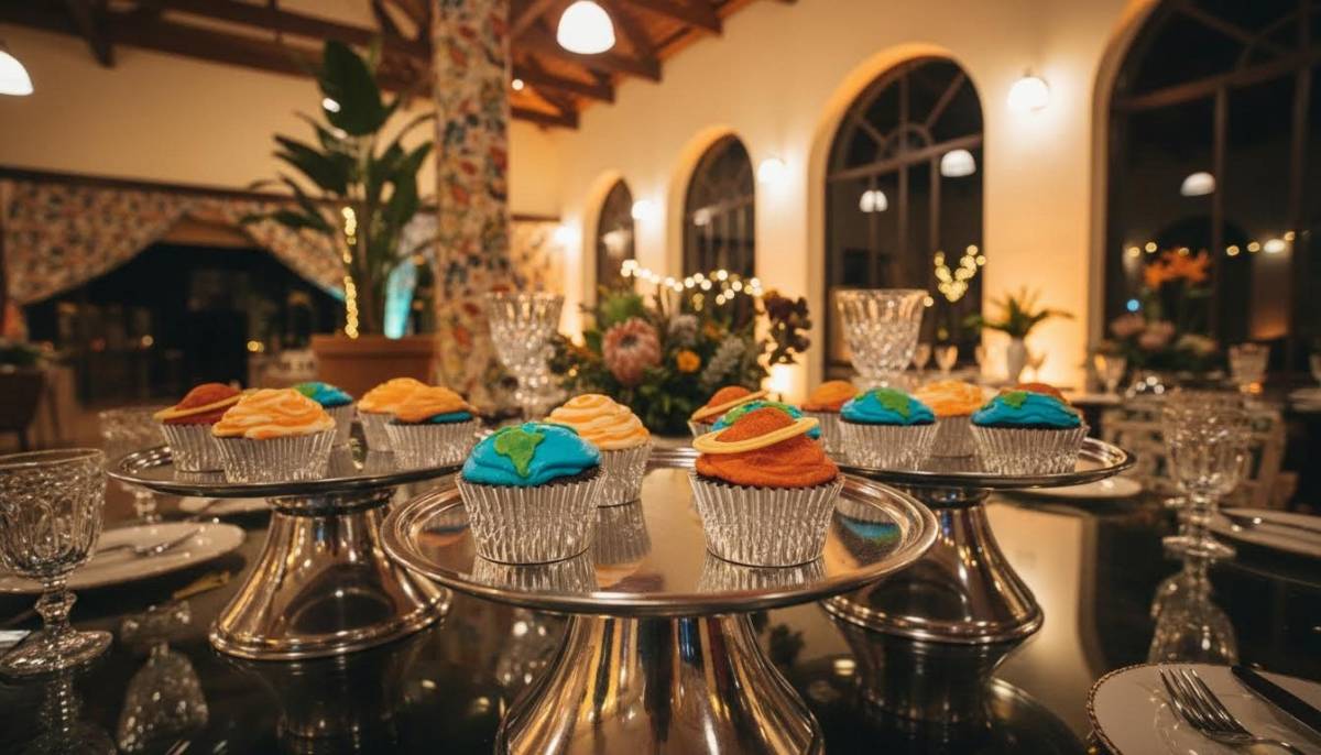 Planet cupcakes on chrome trays in a Durban venue.
