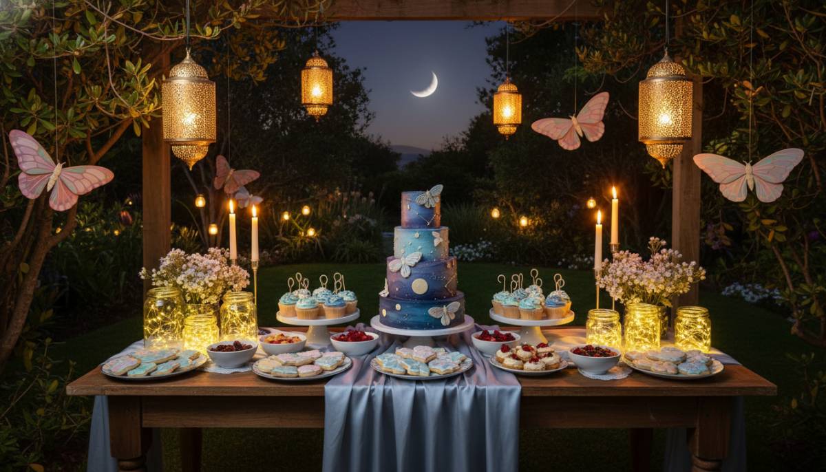 Moonlit moth baby shower dessert table with lanterns and night flower styling.
