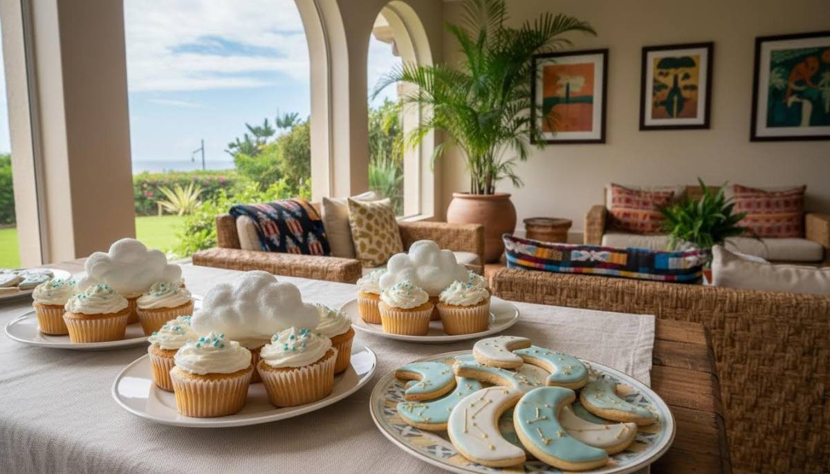 Cloud cupcakes and moon biscuits on a baby shower table.