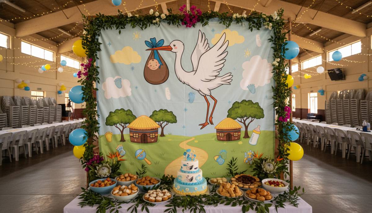 Stork parcel wall baby shower backdrop in a community hall.
