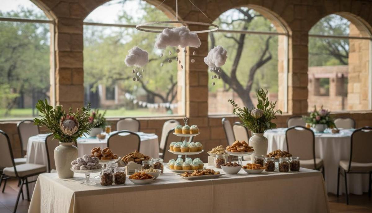 Cloud mobile above a baby shower snack table.