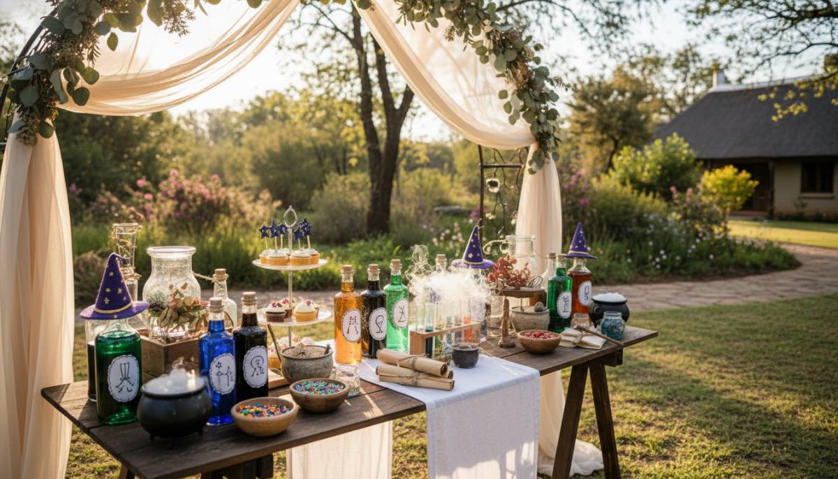 Little wizard potion table at a Johannesburg garden venue