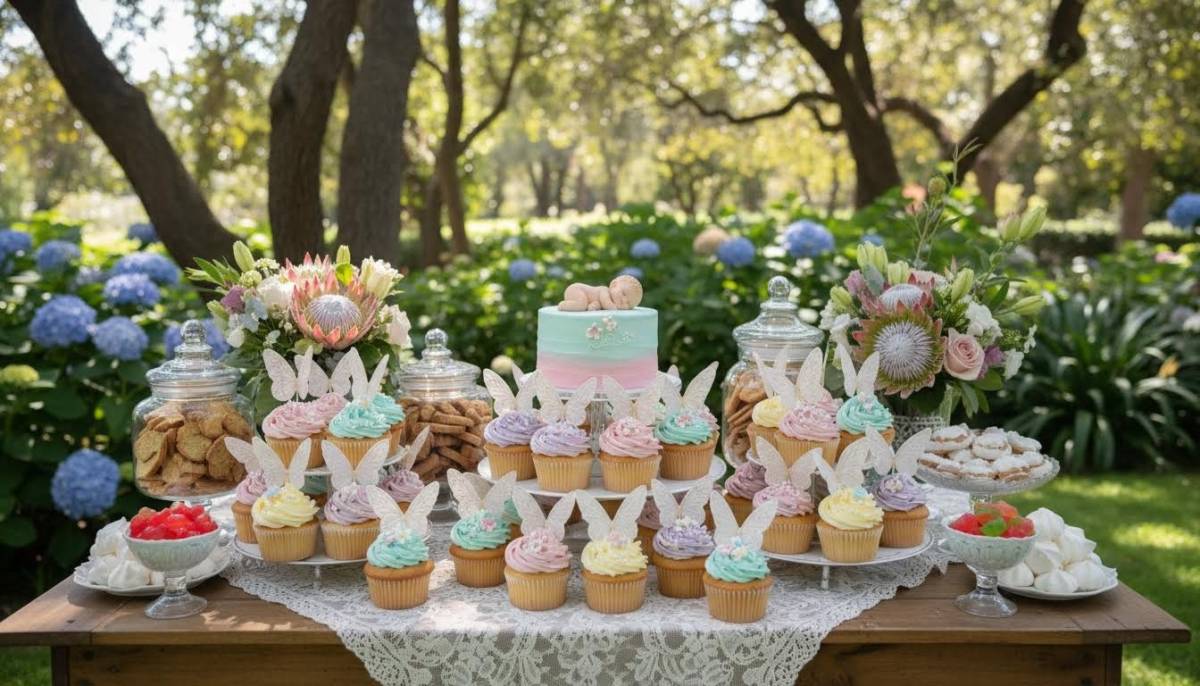 Pastel fairy cupcakes on a garden baby shower table