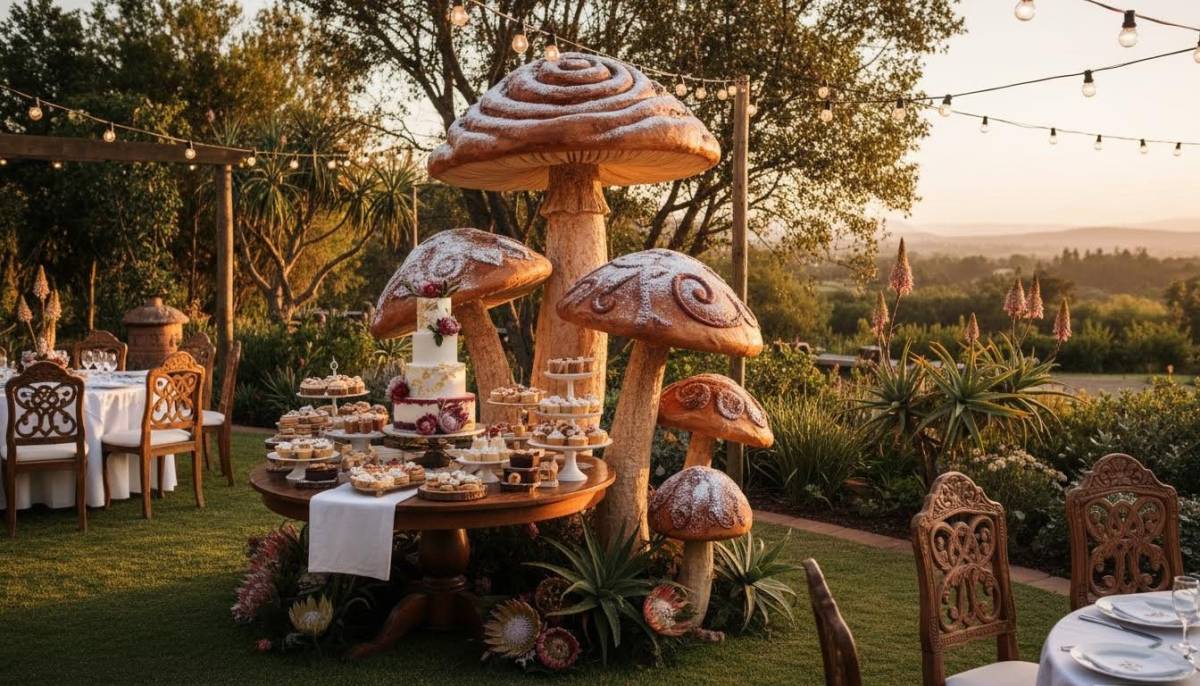 Giant mushroom bakery props beside a fairy cake table