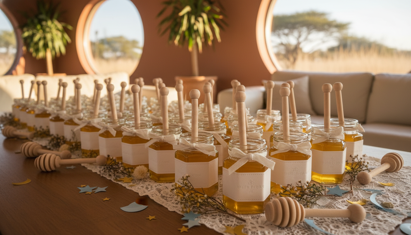 Honey jar favours arranged on a baby shower table in a Johannesburg clubhouse.
