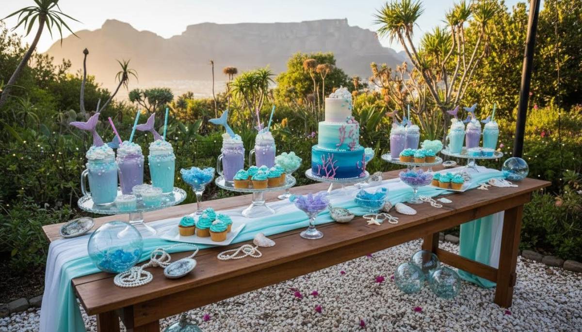Mermaid milkshake dessert table with shell desserts in a Cape Town garden venue.