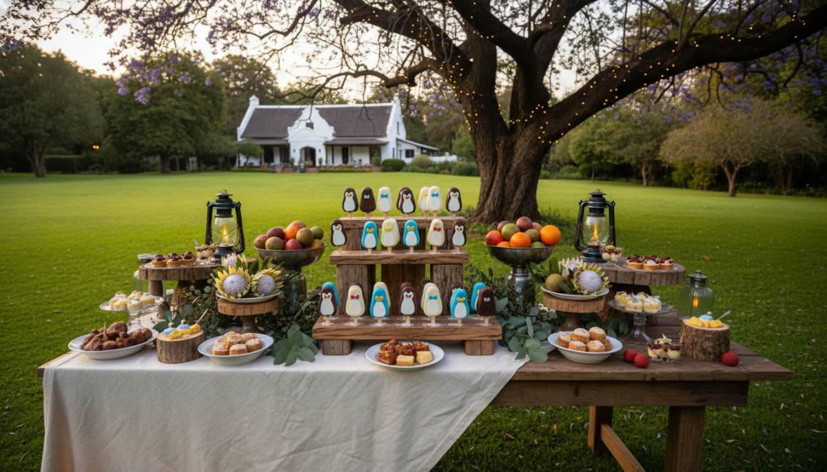 Penguin popsicle dessert table in a Johannesburg garden venue with soft afternoon light