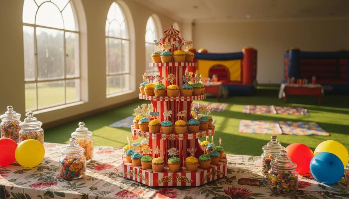 Striped carnival cupcake stand in a Pretoria party venue with bright morning light