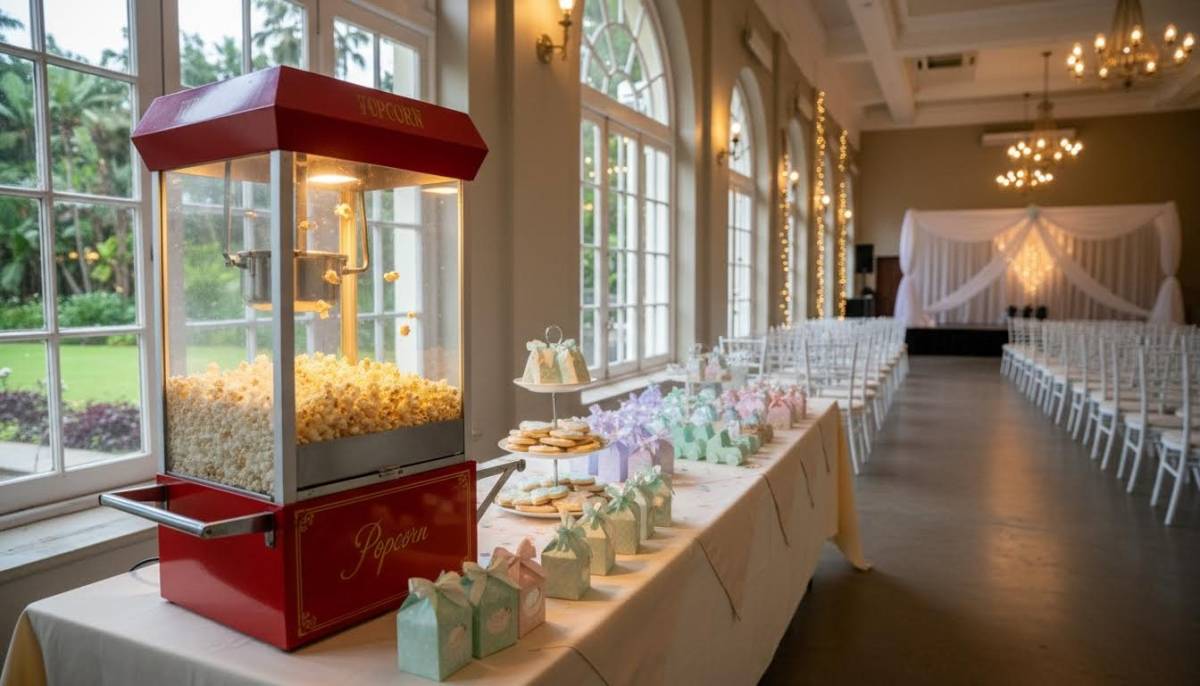 Popcorn machine beside pastel baby shower favours in a Durban hall with warm indoor lighting