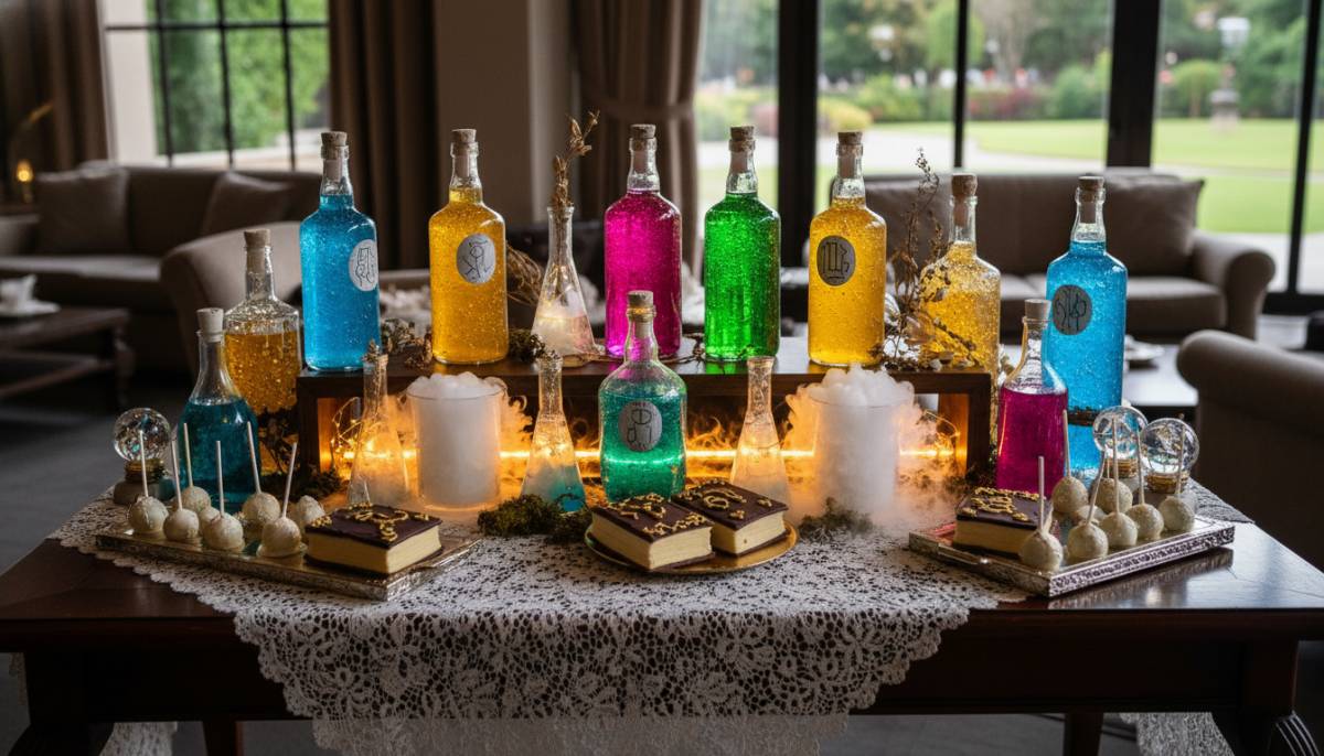 Potion nursery mocktail table with bottles and amber lighting in a Johannesburg clubhouse.