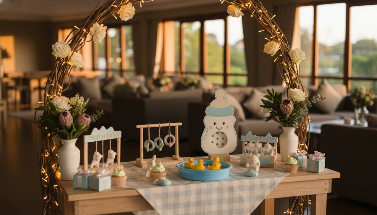 Mini carnival game table for baby shower guests in a Sandton clubhouse.