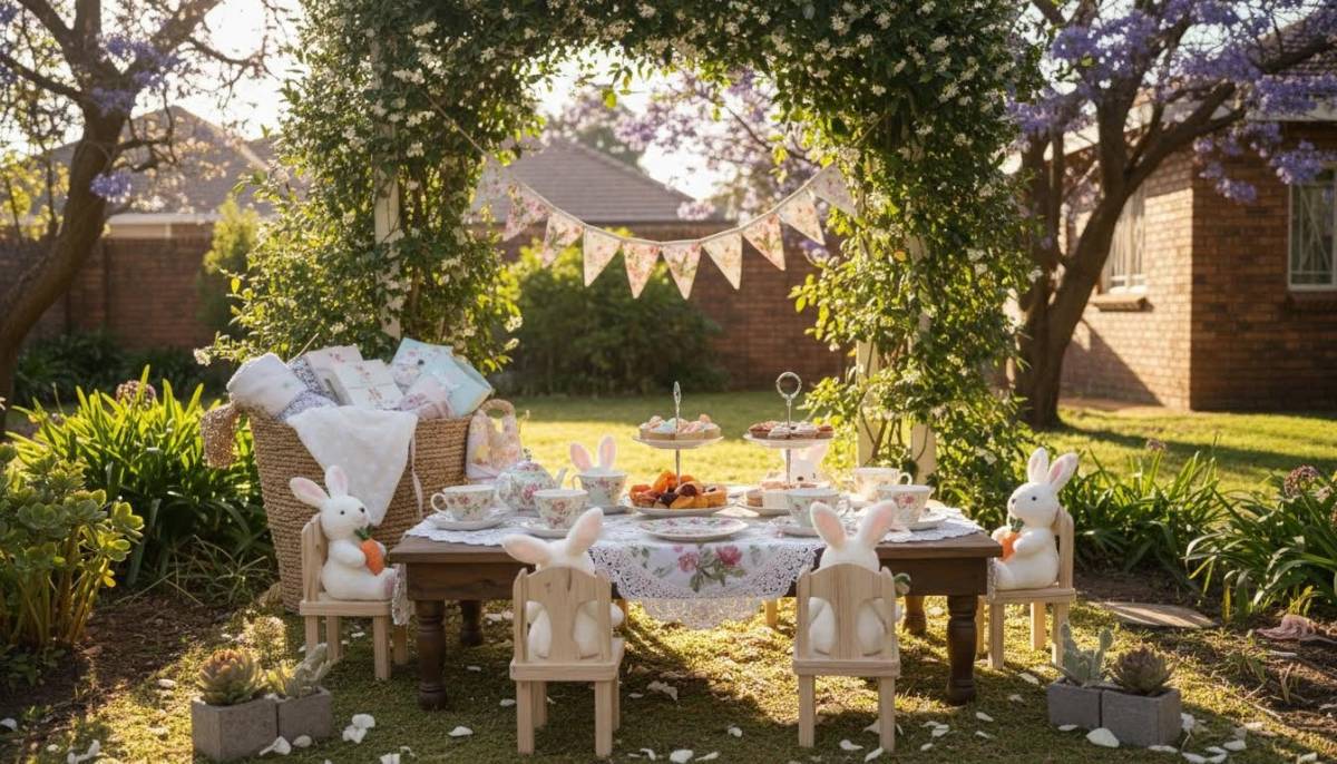 Bunny tea party garden nook with floral tableware at a Pretoria baby shower