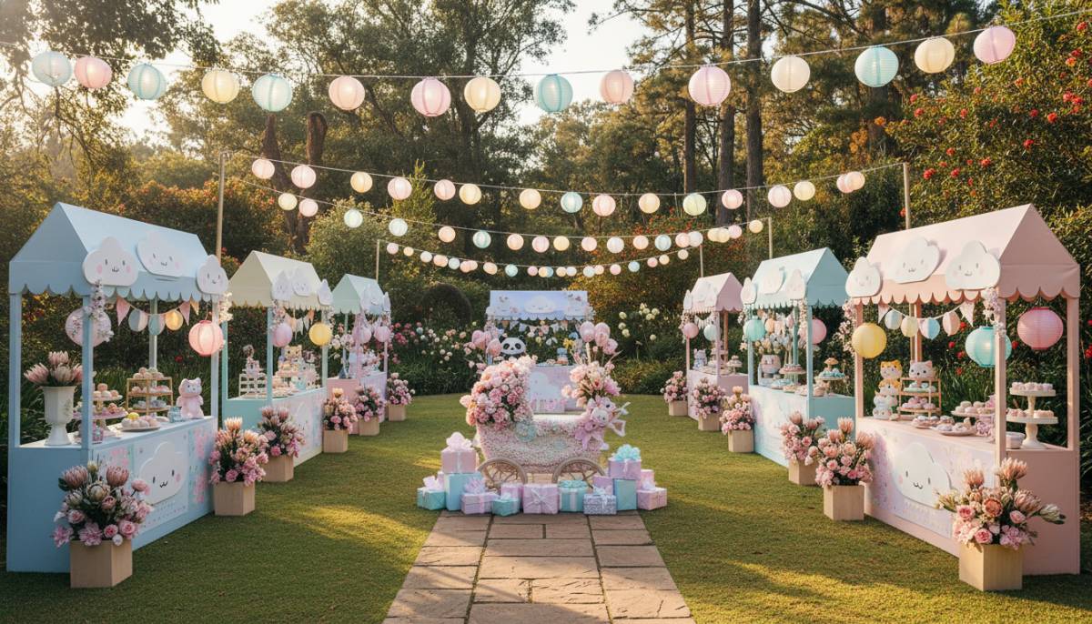 Kawaii pastel market stalls in a Durban garden baby shower with warm afternoon lighting