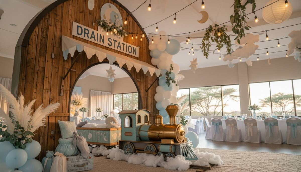 Dreamland train station baby shower entrance in a Johannesburg clubhouse with warm indoor lighting