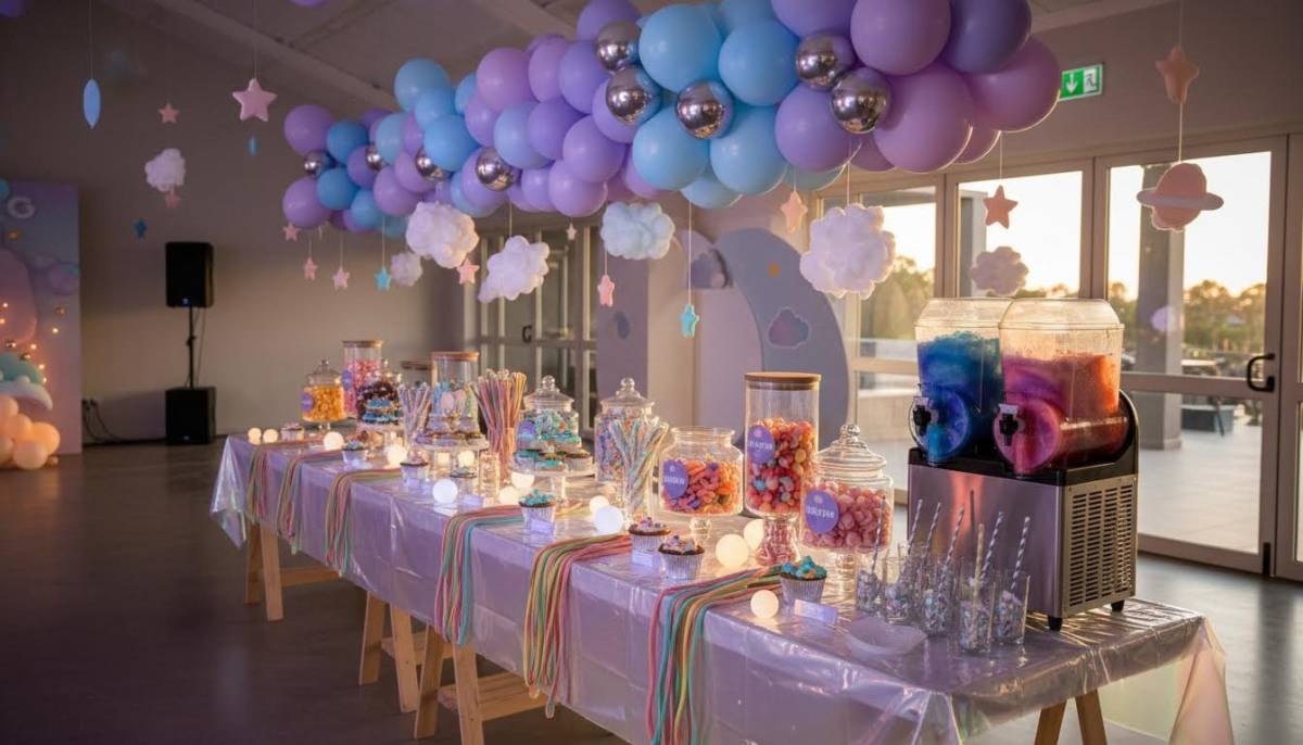 Cosmic candy carnival dessert station in an event hall with purple uplighting.