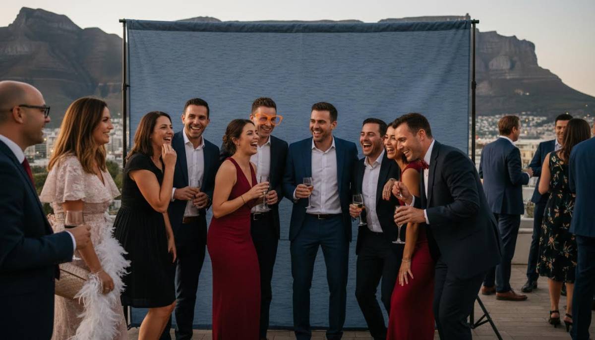 Corporate guests using a photo booth at a work celebration