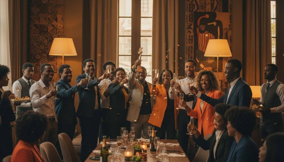 Team celebrating a work achievement with a toast